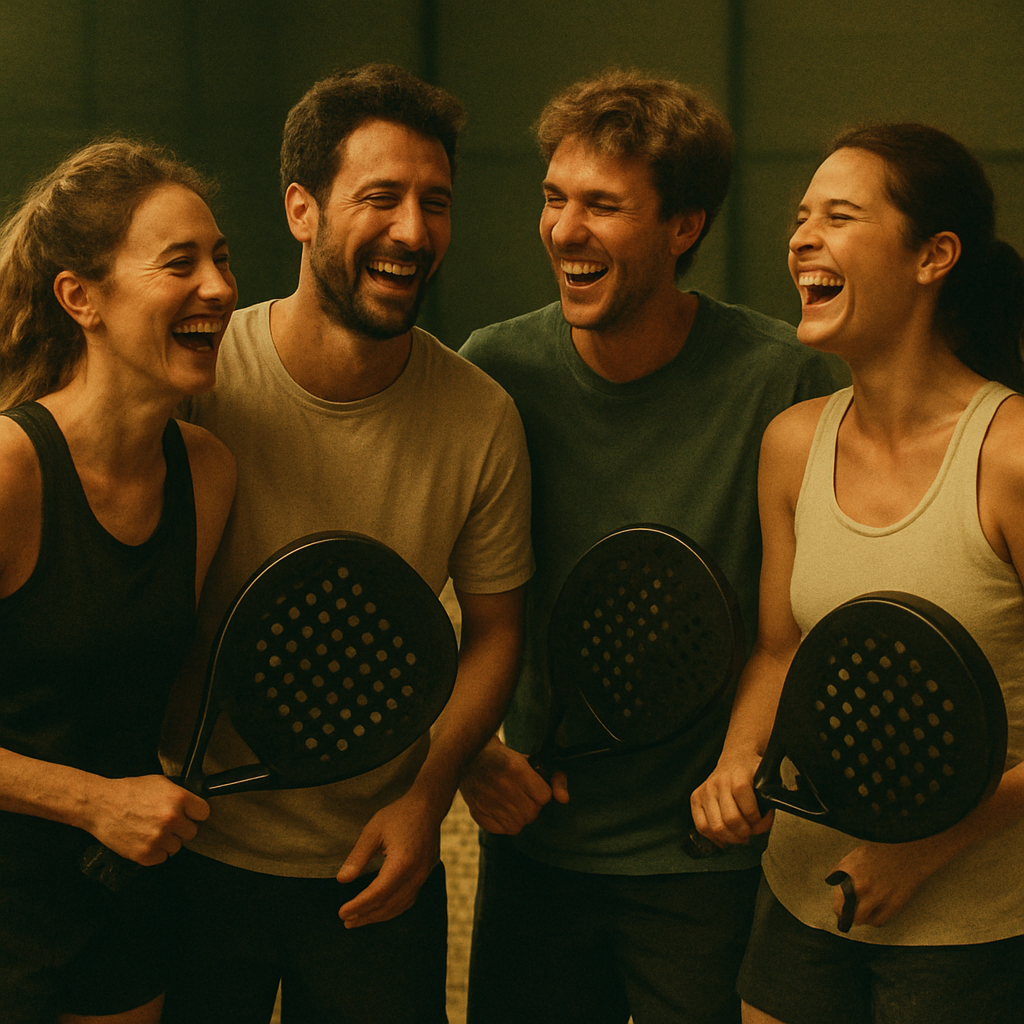 A padel crew laughing together after a match